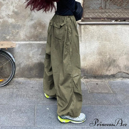 Casual Low Waist Ruched Trim Classic Baggy Cargo Pants - Brown L / Green Pants