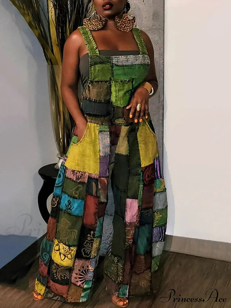 Casual Map Print Trendy Spaghetti Strap Maxi Dress Green / S Jumpsuits