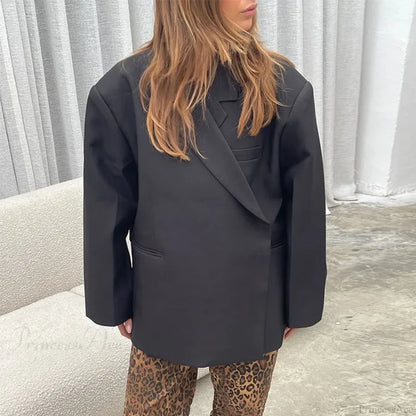 Casual Oversized Luxury One Button Notched Slit Shoulder Pads Blazer Black / S