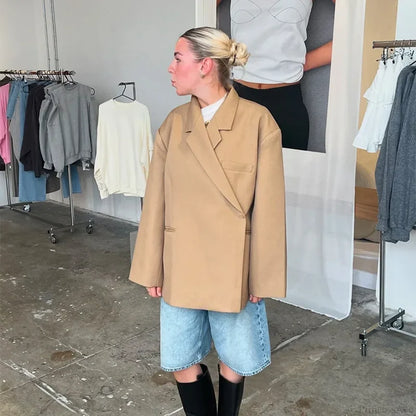 Casual Oversized Luxury One Button Notched Slit Shoulder Pads Blazer Khaki / S