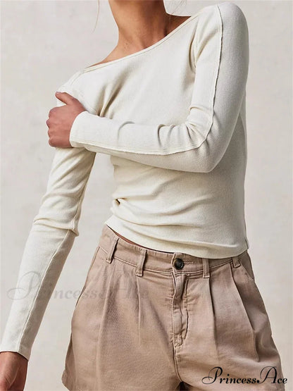 Casual Ribbed Long Sleeve Solid Slim Fit Backless T-Shirts