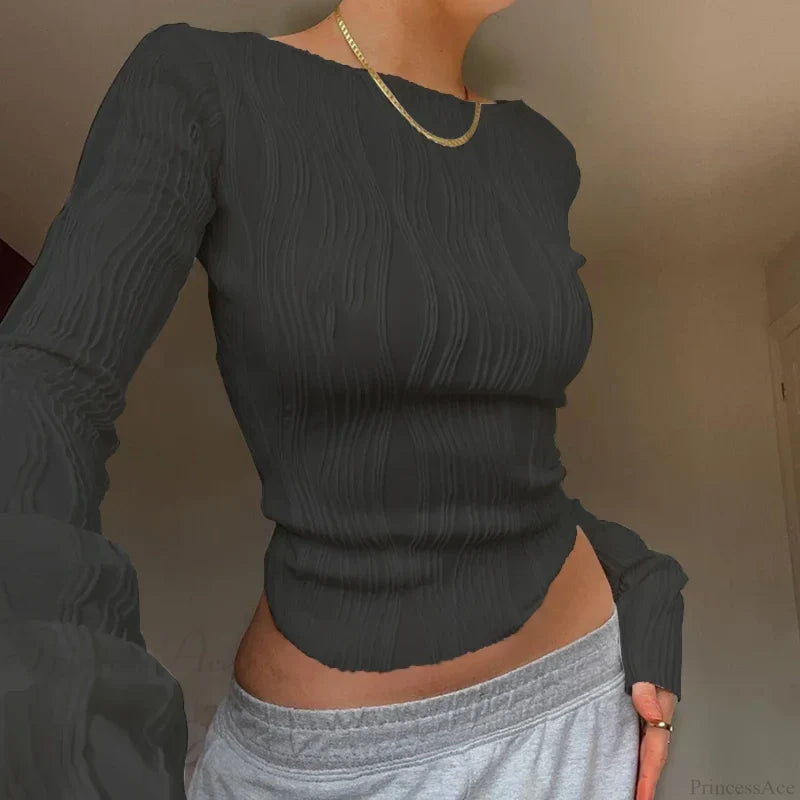Casual Ruched Long Sleeve T-shirt Sweater Black / S