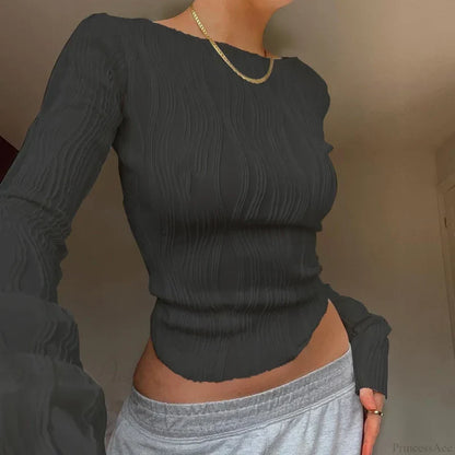 Casual Ruched Long Sleeve T-shirt Sweater Black / S