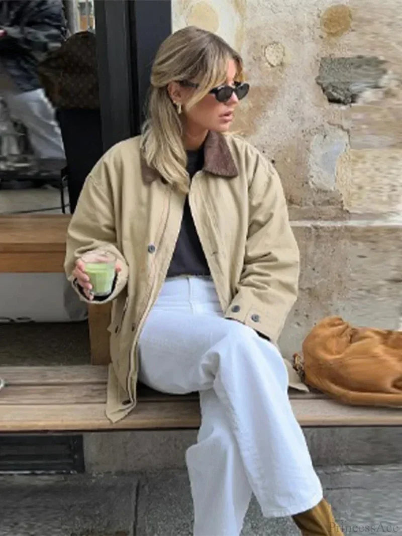 Casual Solid Bomber Jacket Khaki / S