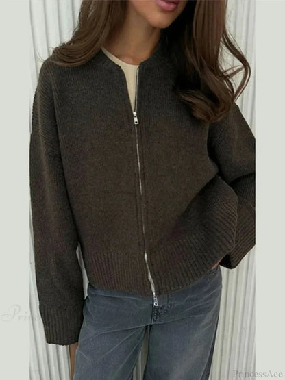 Casual Solid Slim Zipper Cardigan Brown / S