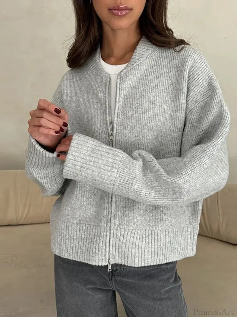 Casual Solid Slim Zipper Cardigan Grey / S