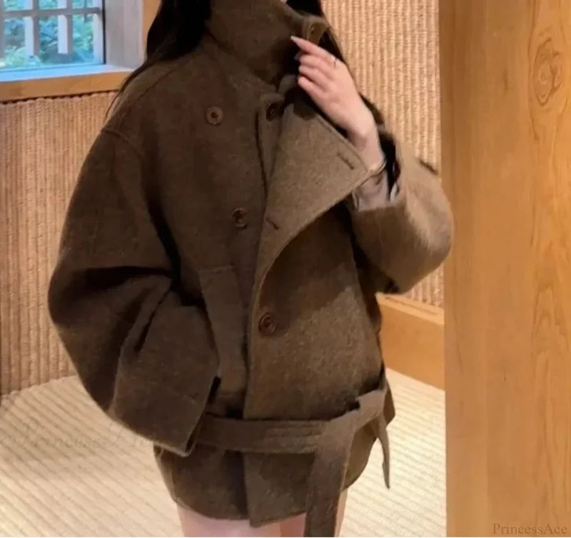 Casual Wool Lace-Up Stand Collar Overcoat