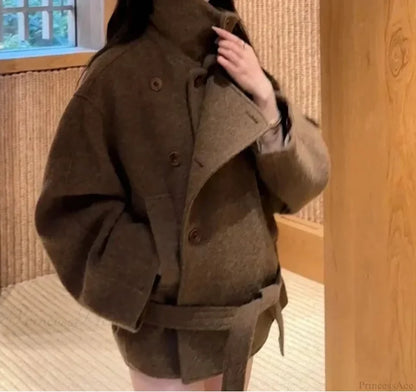 Casual Wool Lace-Up Stand Collar Overcoat