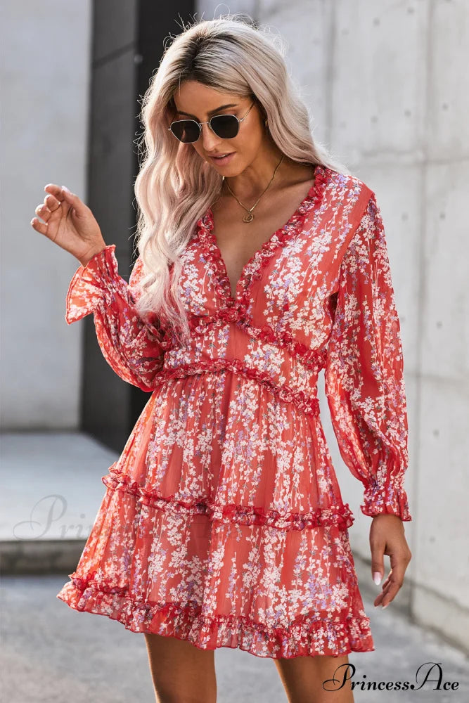 Causal Loose Solid Color Pleated Classic V-Neck Long Puff Sleeves Sweater Dress