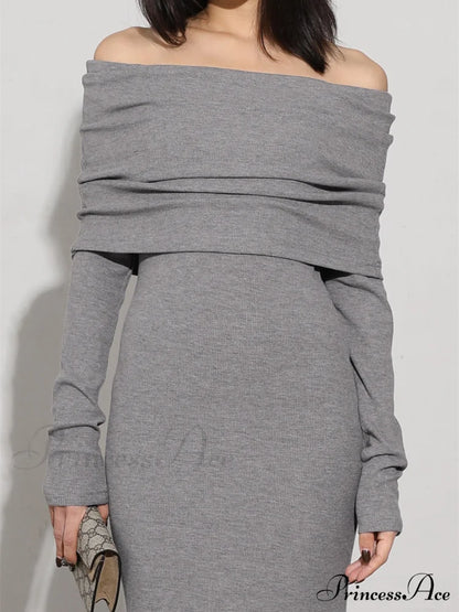 Charcoal Off Shoulder Overfold Modern Long Sleeve Dress Knit Dresses
