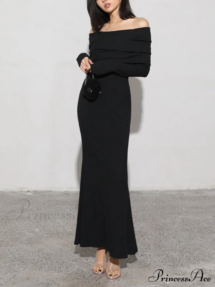 Charcoal Off Shoulder Overfold Modern Long Sleeve Dress Black / Xs Knit Dresses