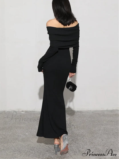 Charcoal Off Shoulder Overfold Modern Long Sleeve Dress Knit Dresses