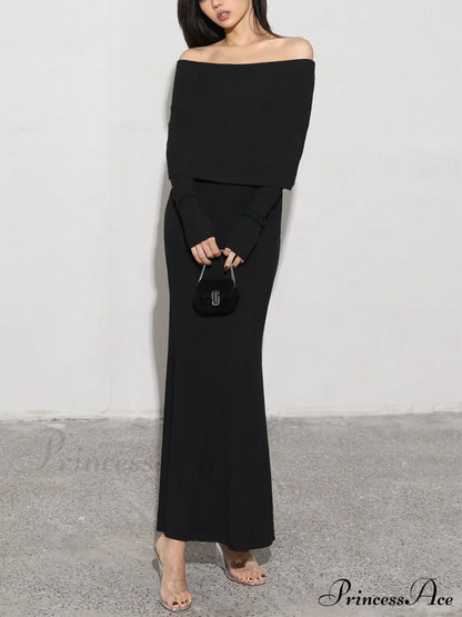 Charcoal Off Shoulder Overfold Modern Long Sleeve Dress Knit Dresses