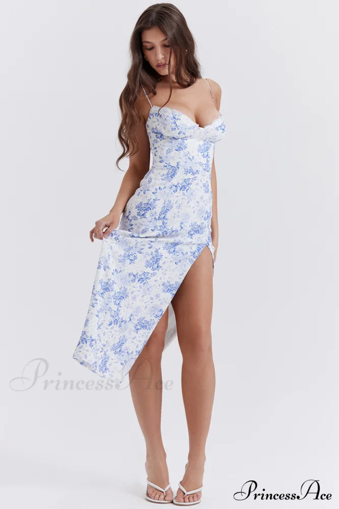 Charlotte Blue Print Charming Corset Midi Dress
