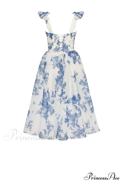 Charming Blue Hydrangea-Patterned Organza Graceful Midi Dress, Garden Of Eden