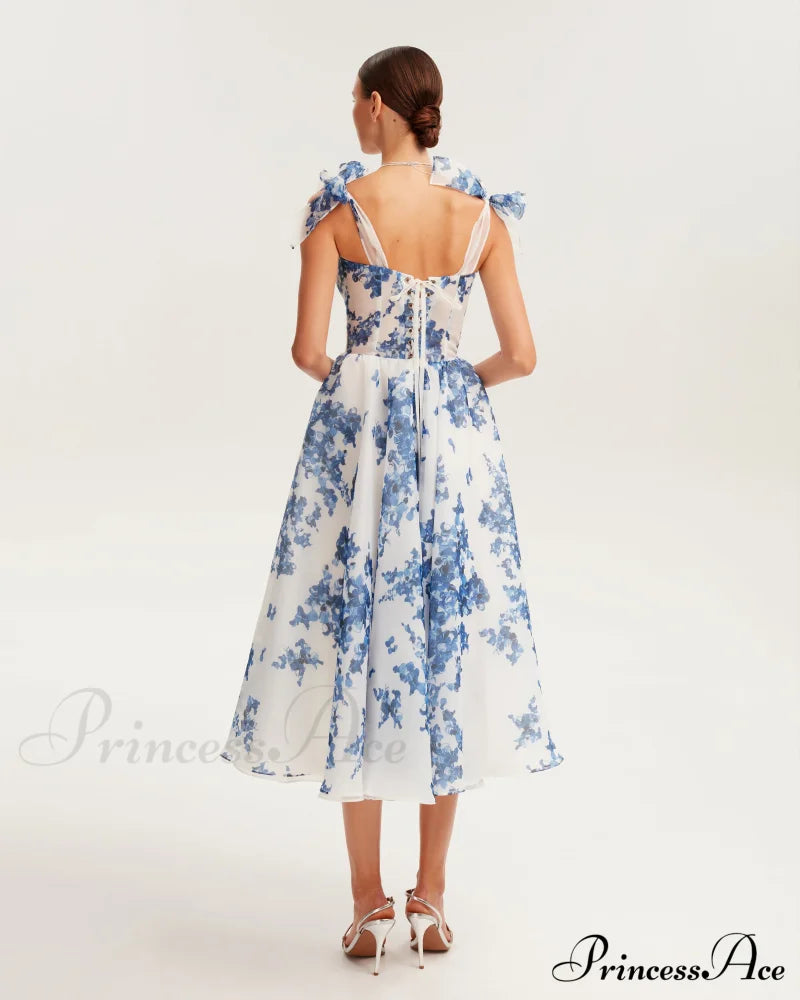 Charming Blue Hydrangea-Patterned Organza Graceful Midi Dress, Garden Of Eden