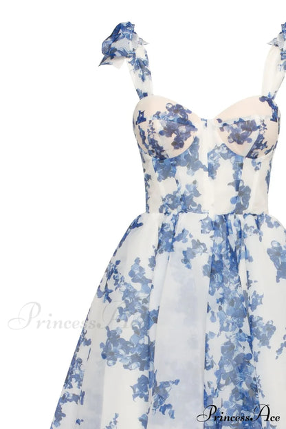 Charming Blue Hydrangea-Patterned Organza Graceful Midi Dress, Garden Of Eden