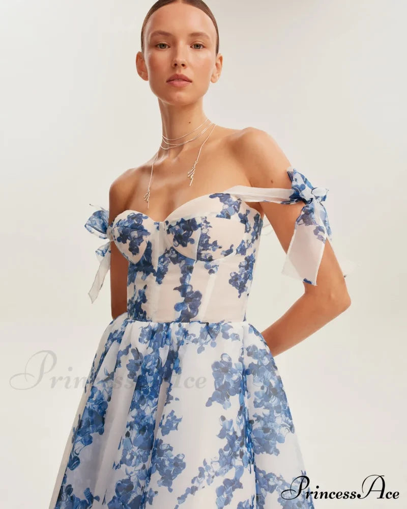 Charming Blue Hydrangea-Patterned Organza Graceful Midi Dress, Garden Of Eden