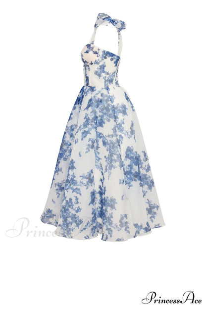 Charming Blue Hydrangea-Patterned Organza Graceful Midi Dress, Garden Of Eden