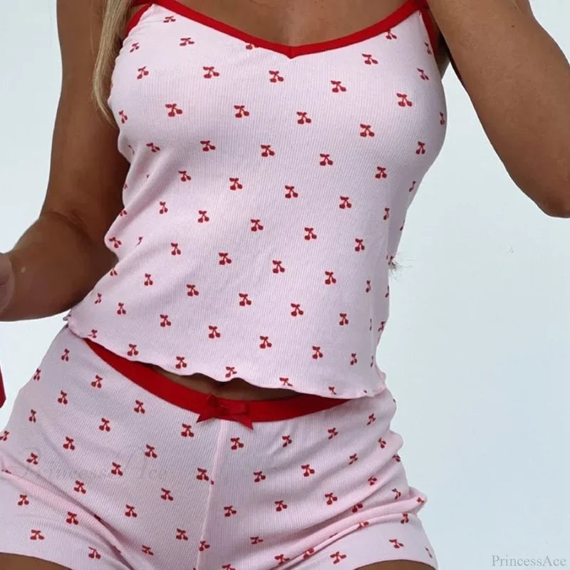Cherry Print Sleeveless V Neck Cami Crop Top Shorts Two Pieces Set twopiecesset-250126