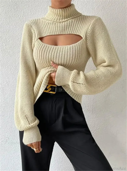 Chest Hollowed-out Turtleneck Sexy Sweater