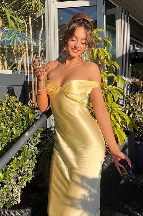 Chic Satin Off Shoulder Open Back Party Dress Yellow / S Christmas Party Dresses-L
