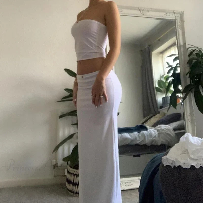 Chic Women Chest Wrap Tube Tops + Low Rise Long Skirt Summer Strapless Camis Crop Tops Y2K Fairycore Vintage 2 Piece