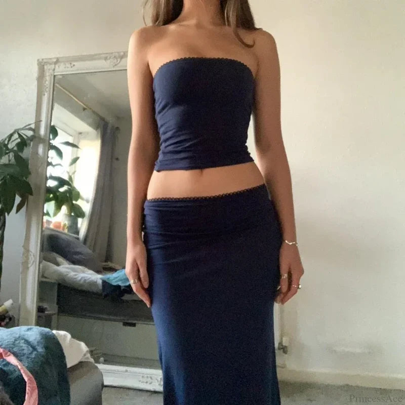 Chic Women Chest Wrap Tube Tops + Low Rise Long Skirt Summer Strapless Camis Crop Tops Y2K Fairycore Vintage 2 Piece