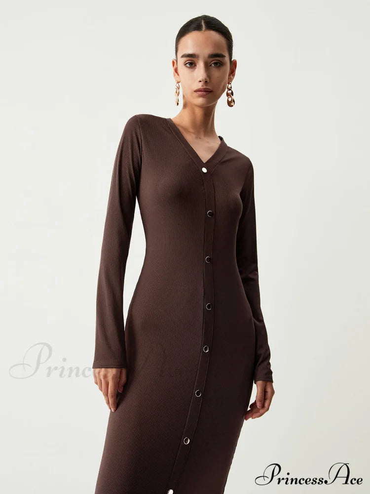 Chocolate Button Down Trendy Long Sleeve Midi Dress Dresses
