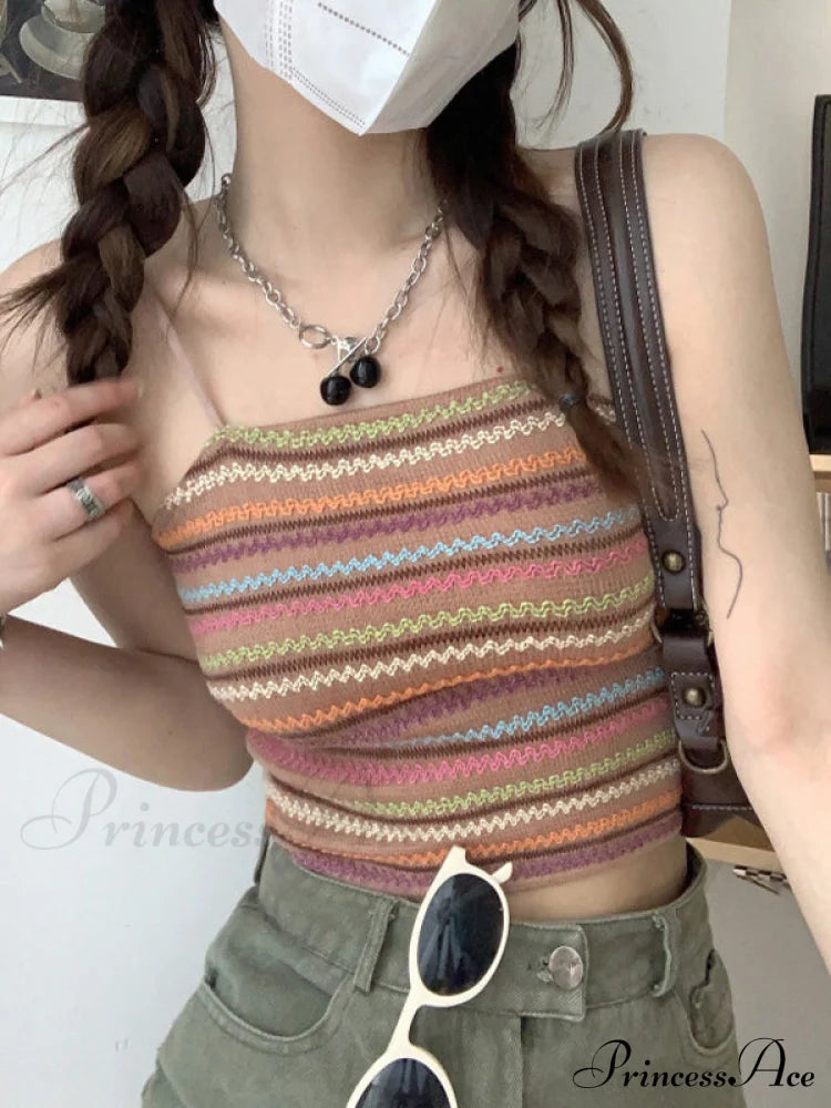 Color Block Graceful Striped Knit Sweater Khaki / One Size Tank Tops&Camis