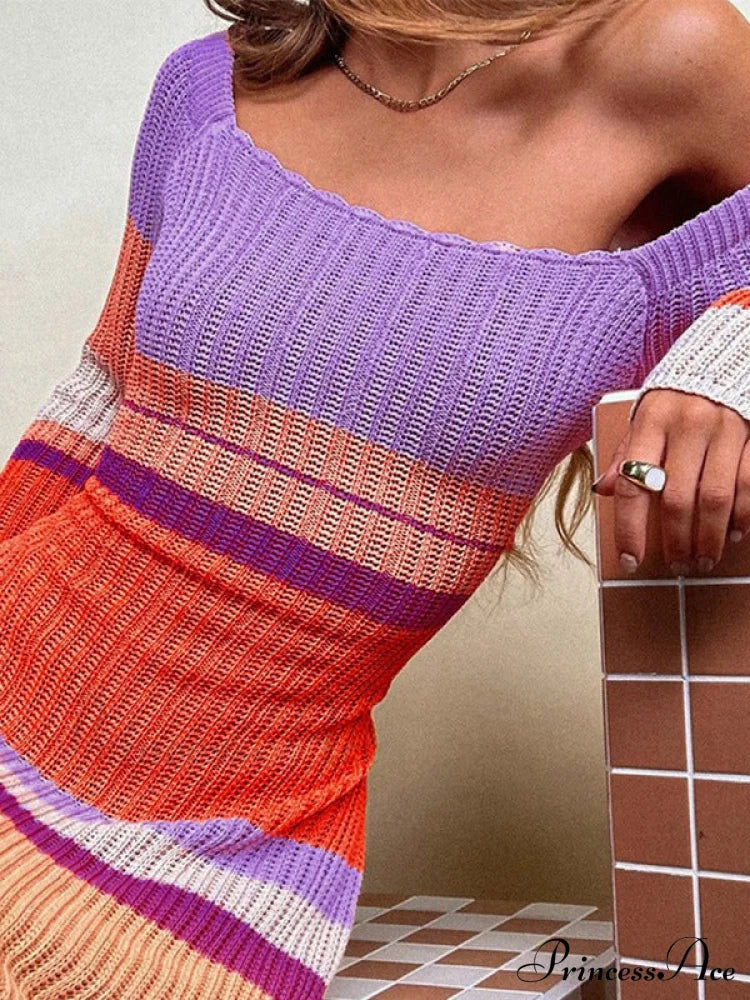 Color Block Stripe Knitted Modern Halter Maxi Dress