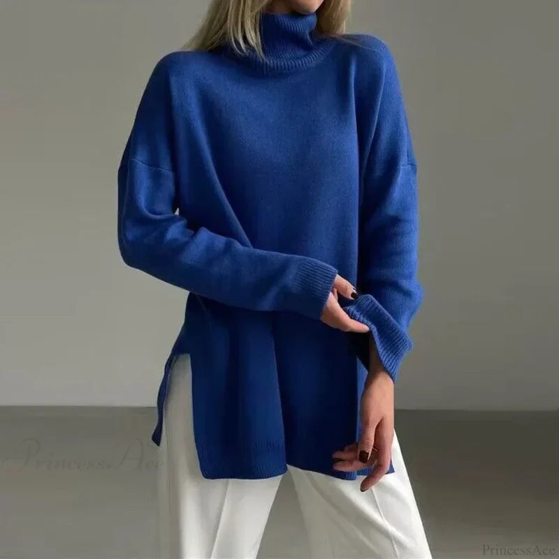Colorblock Turtleneck Thick Sweater Blue / S