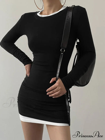 Contrast Binding Bodycon Long Modern Sleeve Knit Mini Dress Dresses