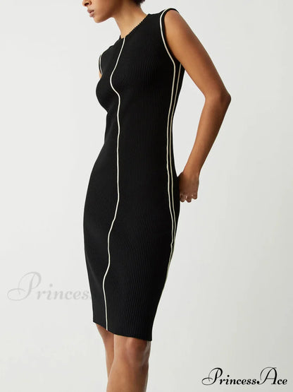 Contrast Piping Graceful Midi Sweater Dress Sweaters-L