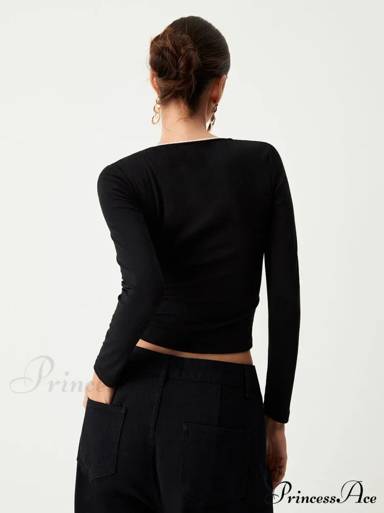 Contrast Trim Lace Trendy Long Sleeve Crop Top T-Shirts