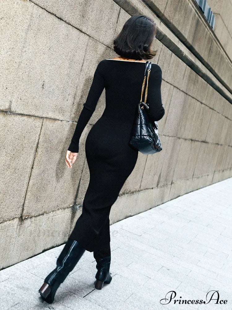 Contrast Trim Low Trendy Cut Knit Long Dress Sweaters-L
