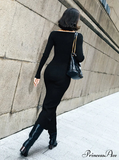 Contrast Trim Low Trendy Cut Knit Long Dress Sweaters-L