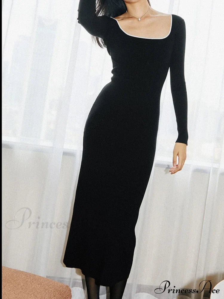Contrast Trim Low Trendy Cut Knit Long Dress Sweaters-L