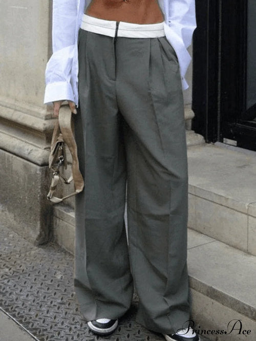 Contrast Waist Graceful Pleated Tailored Pants Gray / S