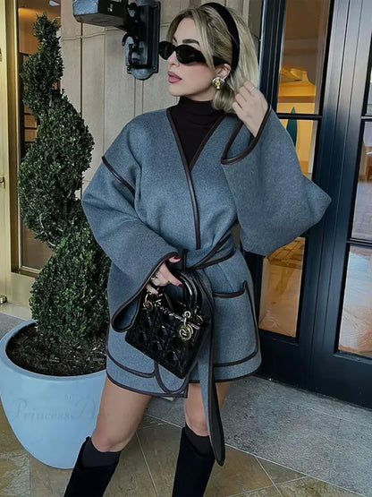 Contrasting Stitch Woolen Coat