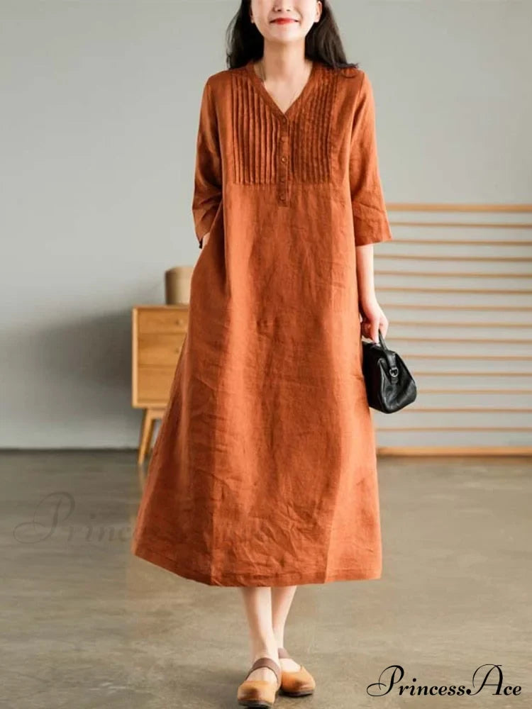 Cotton And Graceful Linen Dress Orange / M