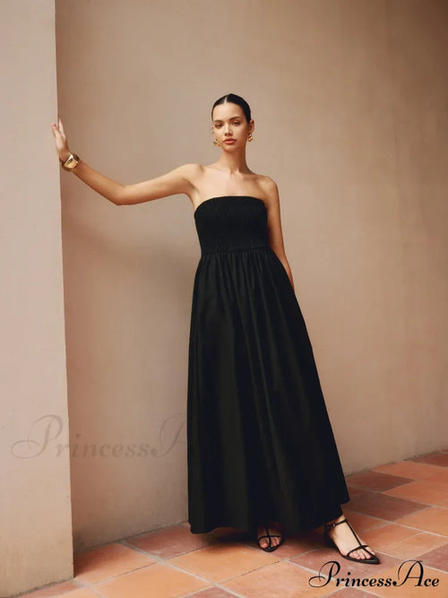 Cotton & Linen Trendy Pleat Strapless Long Dress Black / Xs Dresses