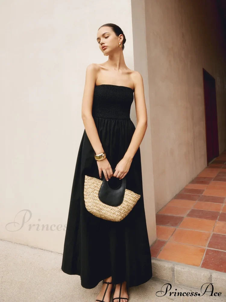 Cotton & Linen Trendy Pleat Strapless Long Dress Dresses