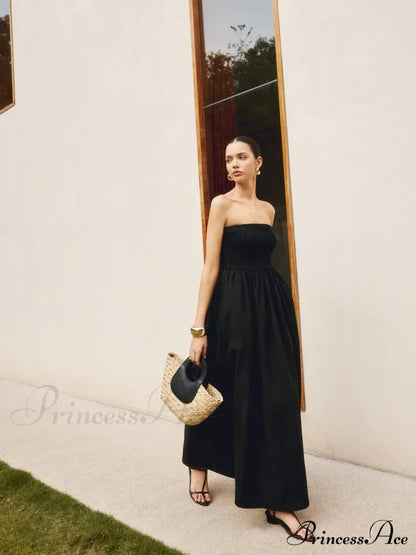 Cotton & Linen Trendy Pleat Strapless Long Dress Dresses