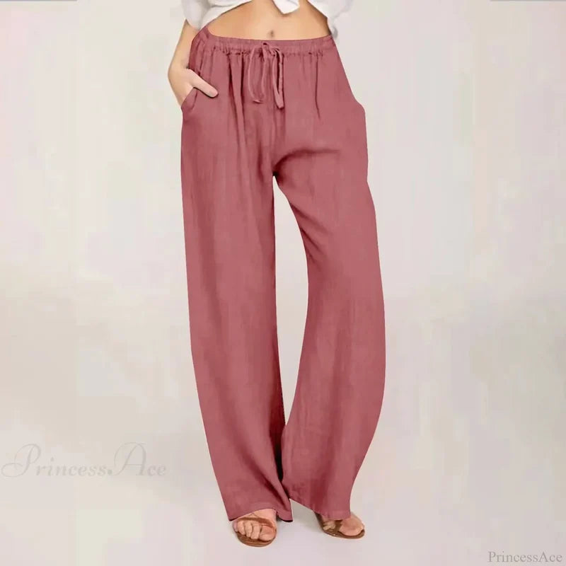 Cotton Linen Wide Leg Drawstring Pants Watermelon Red / S