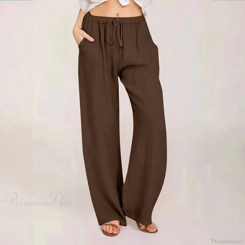 Cotton Linen Wide Leg Drawstring Pants Coffee / S