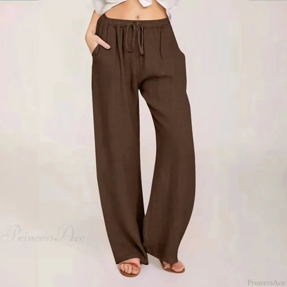 Cotton Linen Wide Leg Drawstring Pants Coffee / S