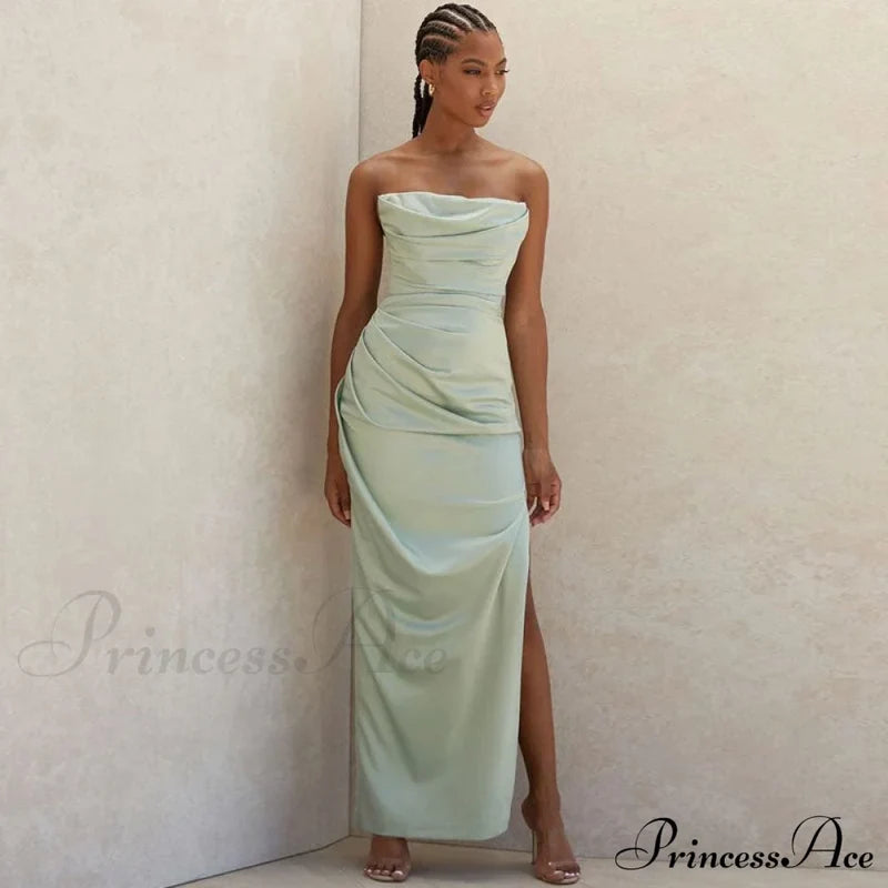 Cowl Neck Strapless Slit Modern Maxi Evening Dress - Black M / Green Formal Dresses