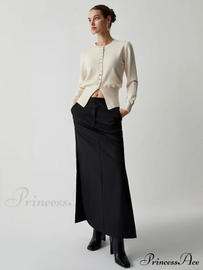 Cream Button Graceful Down Curved Cardigan Off-White / S Sweaters-L