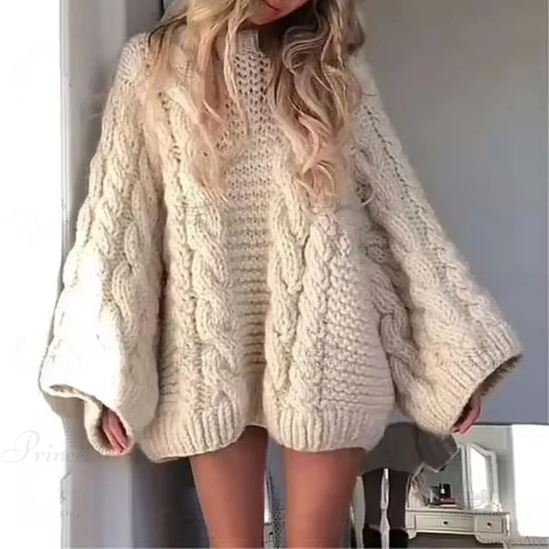 Crewneck Flared Sleeve Fuzzy Sweater White / S